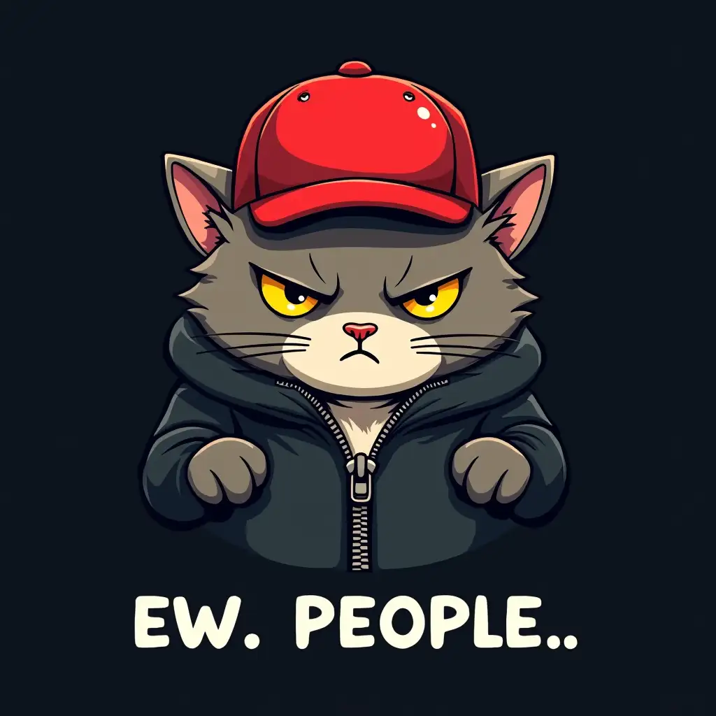 This image features a cartoon-style cat with a distinctly unimpressed expression, sporting a bright red cap. The cat's fur is a mix of gray and brown, and it has striking yellow eyes that convey a sense of disdain or irritation. It appears to be poking its head out from an unzipped zipper, which adds a playful and slightly surreal element to the design. The backdrop is dark, creating a stark contrast that draws attention to the cat's features and the vibrant cap. Beneath the cat, the text 'EW. PEOPLE...' humorously captures a sentiment of annoyance or frustration, likely reflecting a relatable disdain for social interactions. This image might resonate with those who prefer solitude or find social situations overwhelming, appealing to a sense of humor about introversion or social anxieties. The combination of the cat's expressive face and the witty caption creates a lighthearted, yet poignant commentary on the complexities of social engagement.