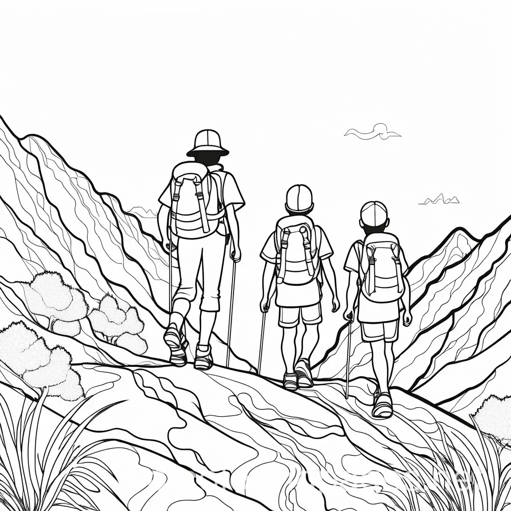 Children-Hiking-a-Mountain-in-Black-and-White-Line-Art