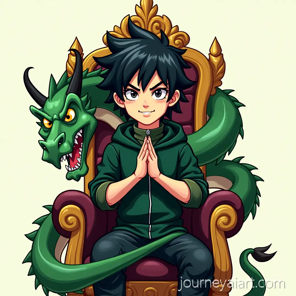 Confident-Mascot-Character-Sitting-on-Throne-with-Green-Dragon-in-Bold-Cartoon-Style