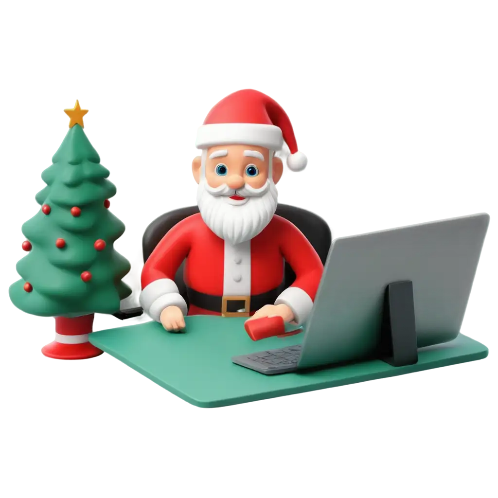 Santa-Claus-Working-on-a-Computer-PNG-Image-with-Christmas-Decorations-Isometric-View-Mockup