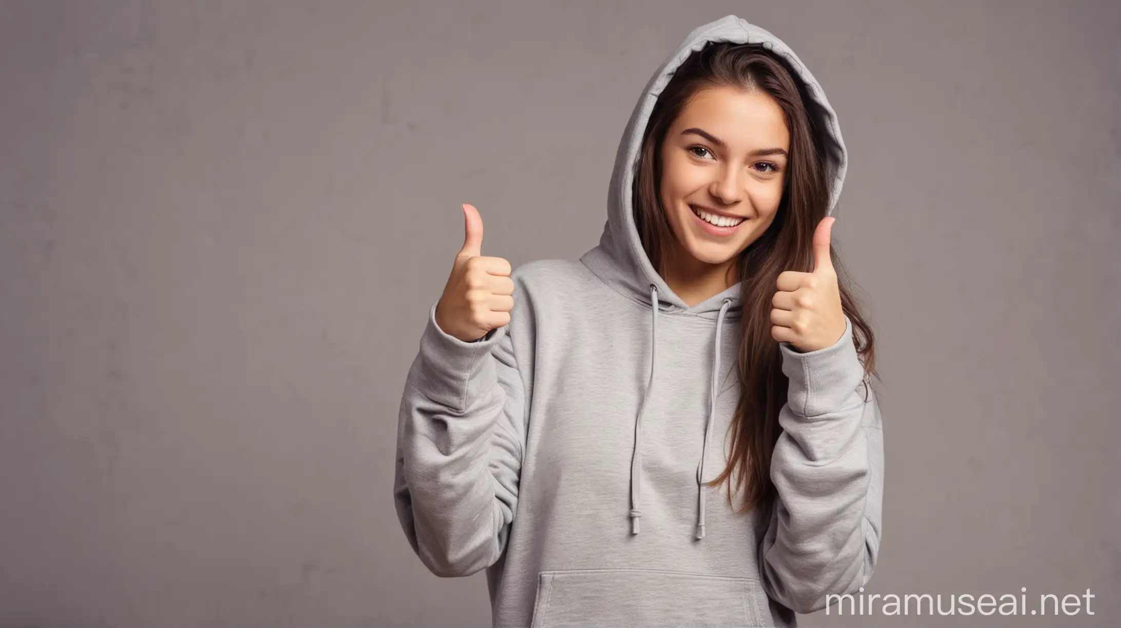 Happy Entrepreneurial Girl in Hoodie Celebrating Profit with Thumbs Up