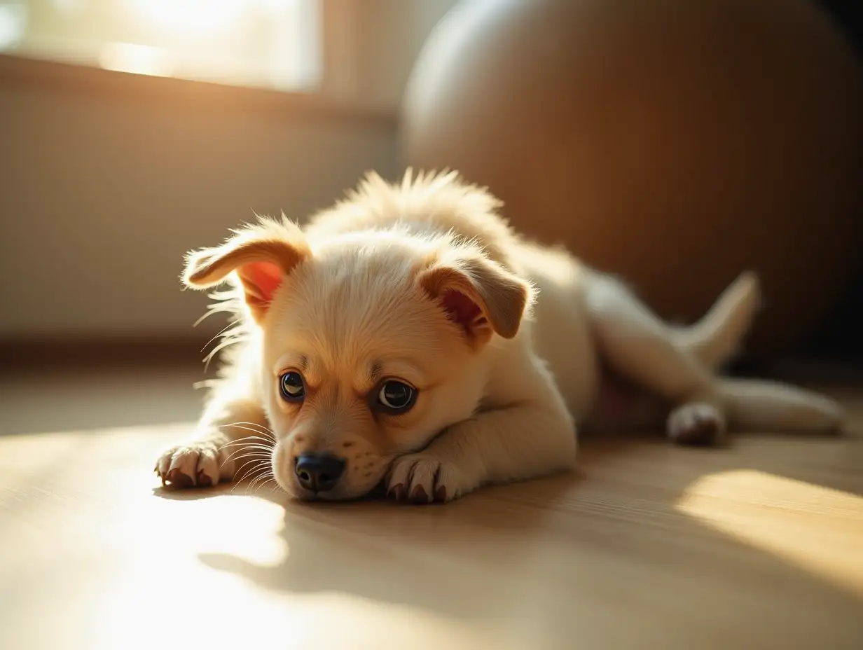 A little dog, languidly lying on the floor, sunlight coming through the window, shining on the dog