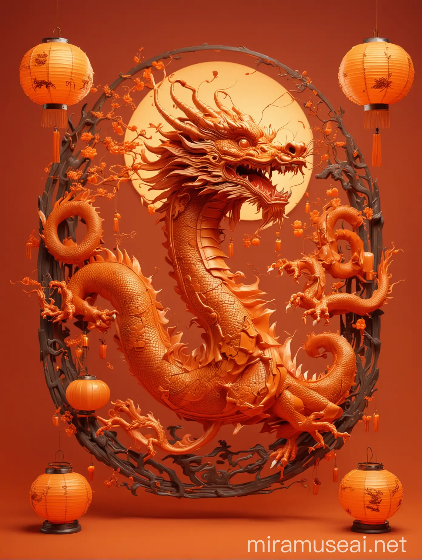 Vibrant 3D Chinese Dragon Surrounded by Lanterns