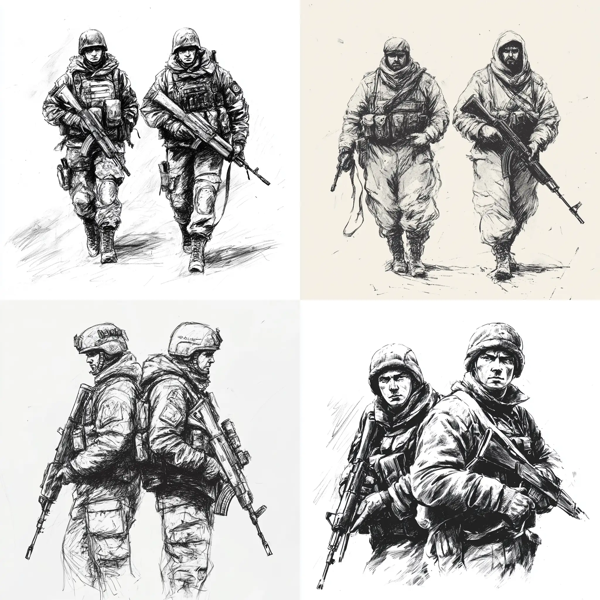 Brave-Russian-Soldiers-with-Weapons-in-Hand-Black-and-White-Sketch