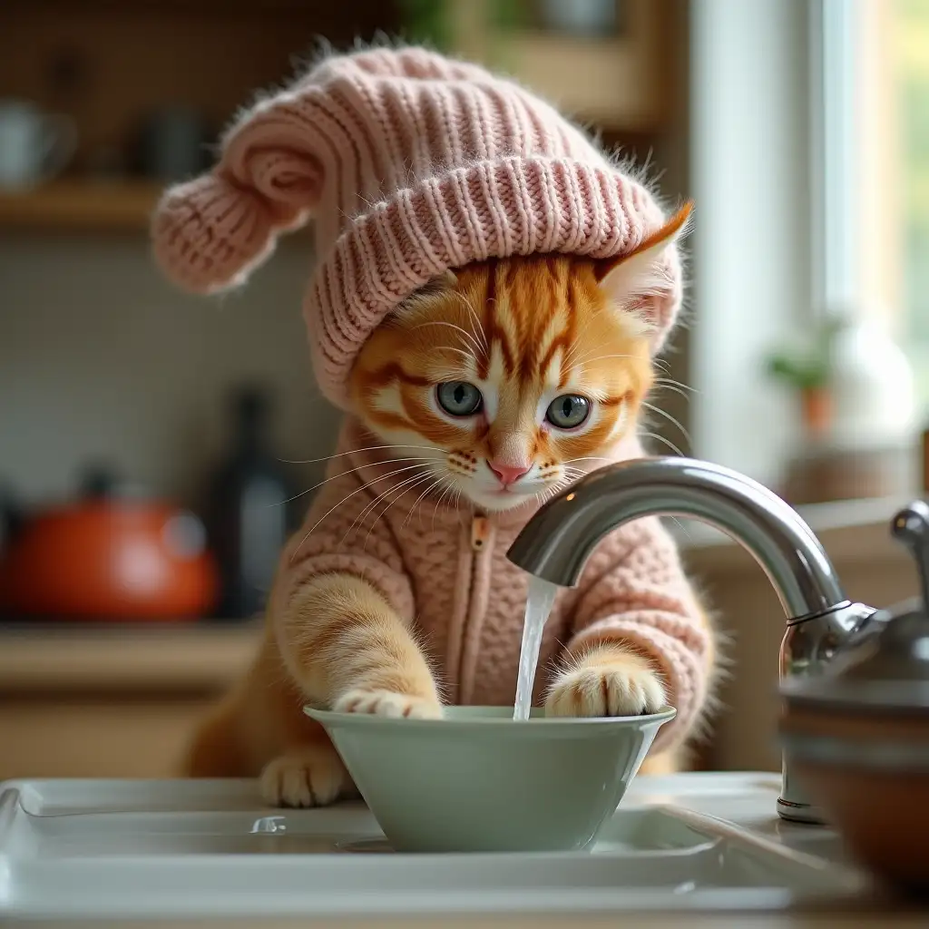 ginger nice real kitten in a knitted hat washes dishes in the sink