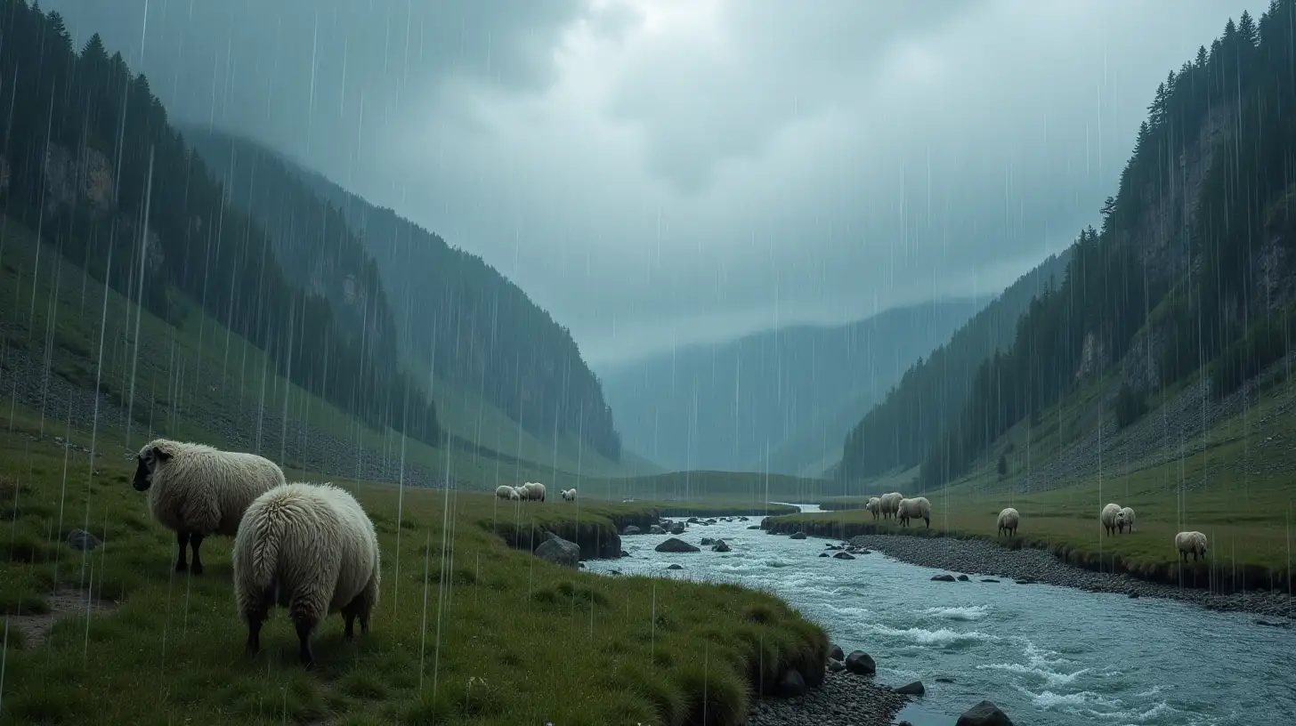 Heavy Rainfall Over Mountainous Terrain with Sheep by a River