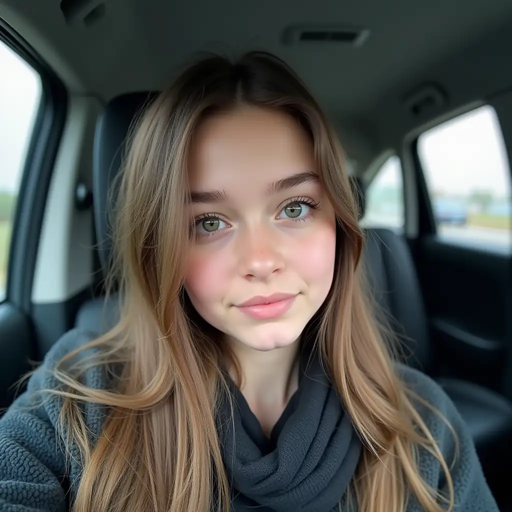 Guy early 17 years old, 11th grade, Russian, school guy, ordinary, photo in car, not driver sit, not a professional photo, but an ordinary one, it is clear that she is taking the photo on purpose, she is not looking directly at the camera, not too close to camera. Not portrait photo, just usual every day photo