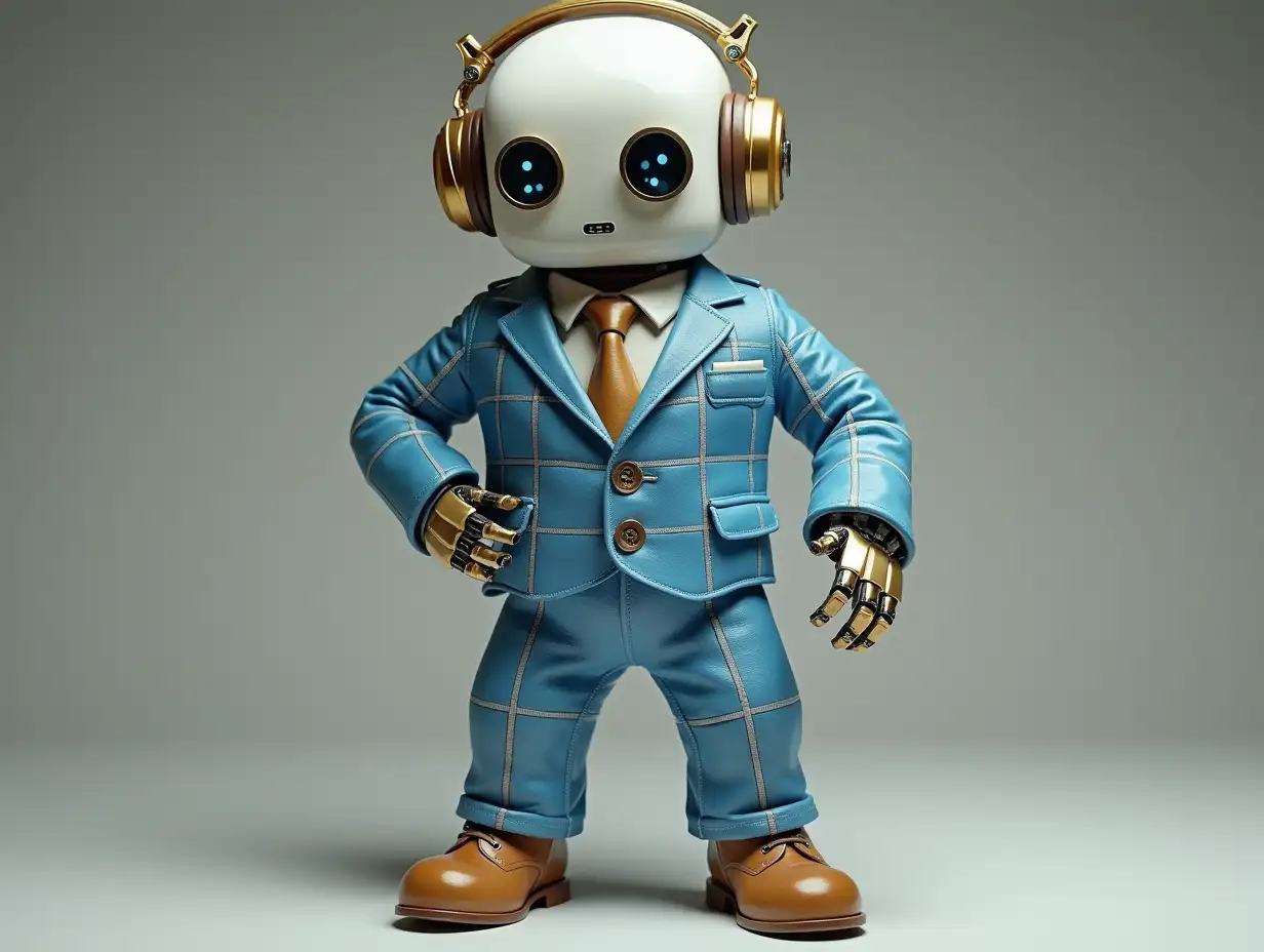 Create a high-resolution, realistic image of a robot with square eyes, golden headphones of a fashionable blue and white checked suit, patent leather shoes and strike a pose