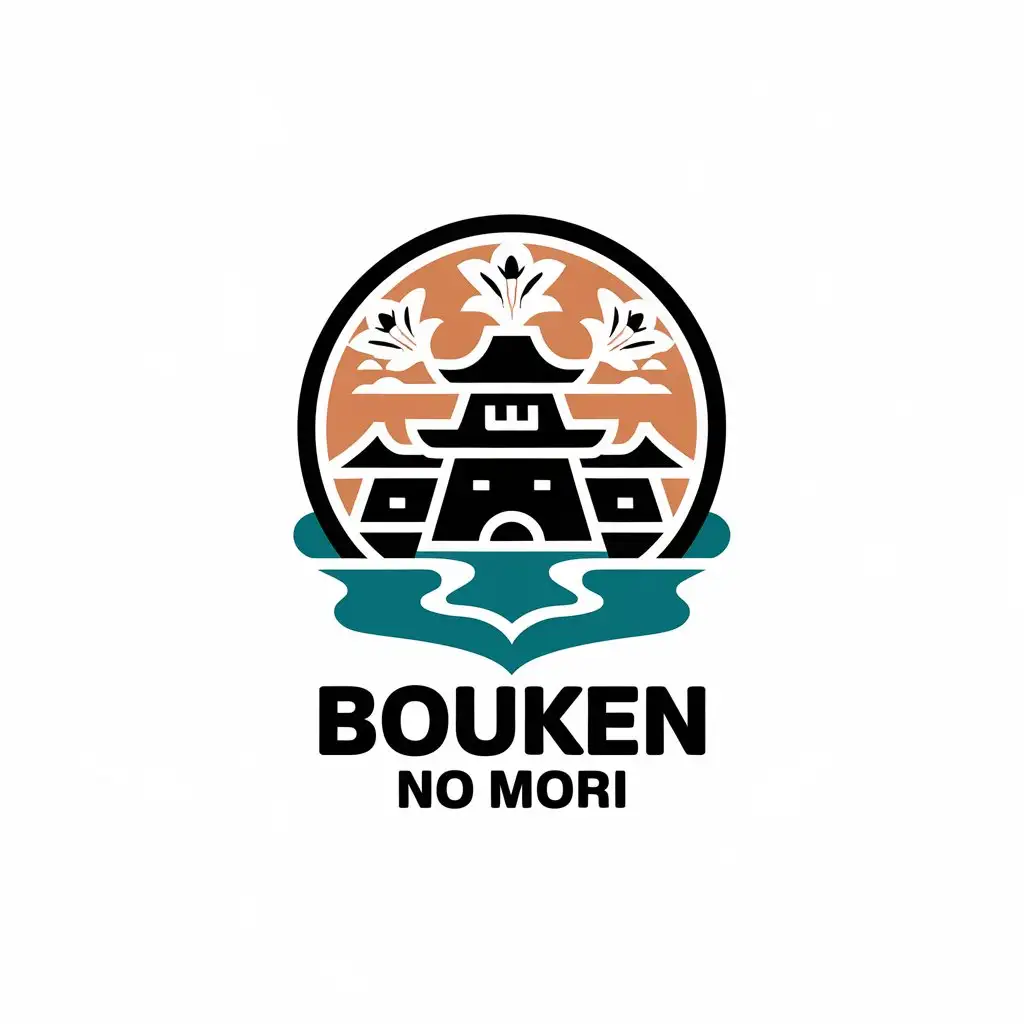 LOGO Design for Bouken no Mori Lily Flowers Japanese Castle Theme for Sports Fitness Industry