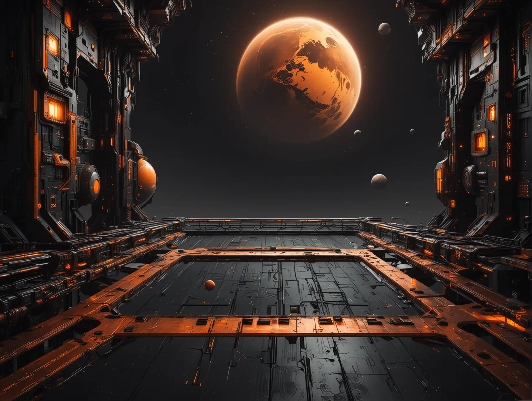dark futuristic place with platform and planet view with orange and dark metalic color