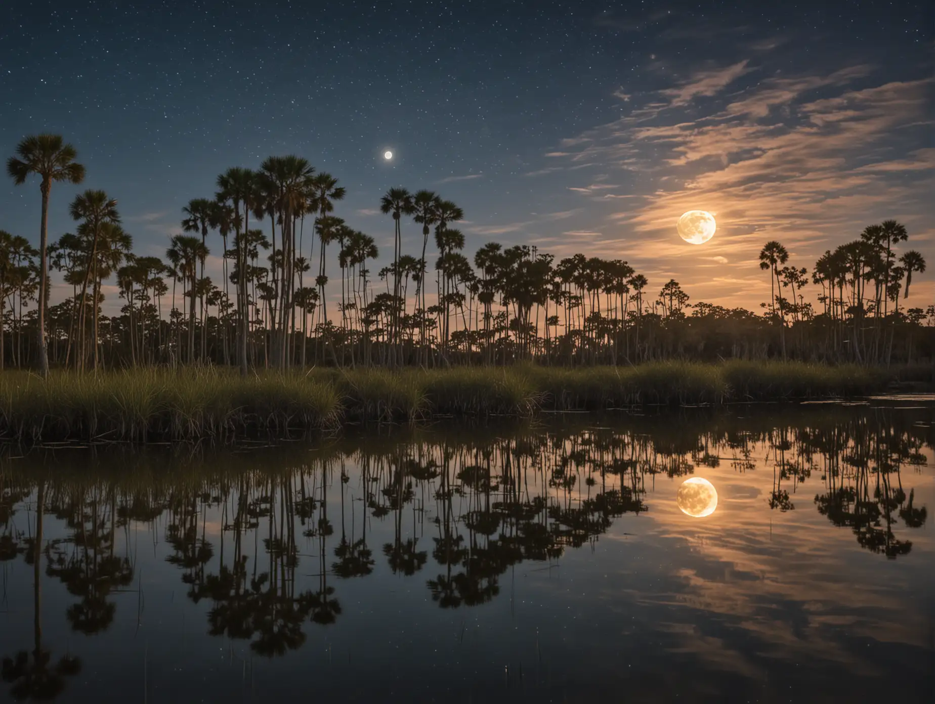 Golden-Full-Moon-Over-Tranquil-Lowcountry-Marsh-with-Palmetto-Trees