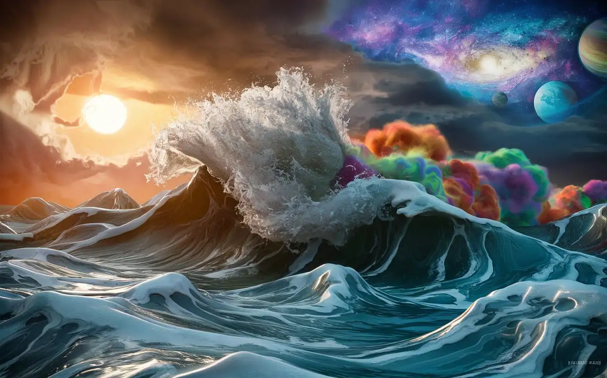 the sun waves crashing the angry sky, mixing with rainbow smoke, 3d realistic, fantasy style, colorful, in the galaxy