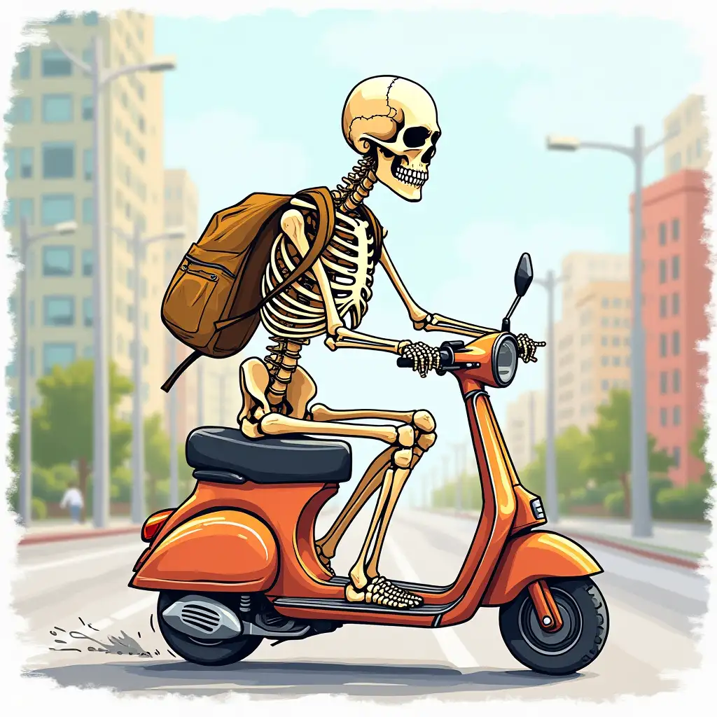 draw a human skeleton with a slant riding a scooter down the street make the picture colorful and add details