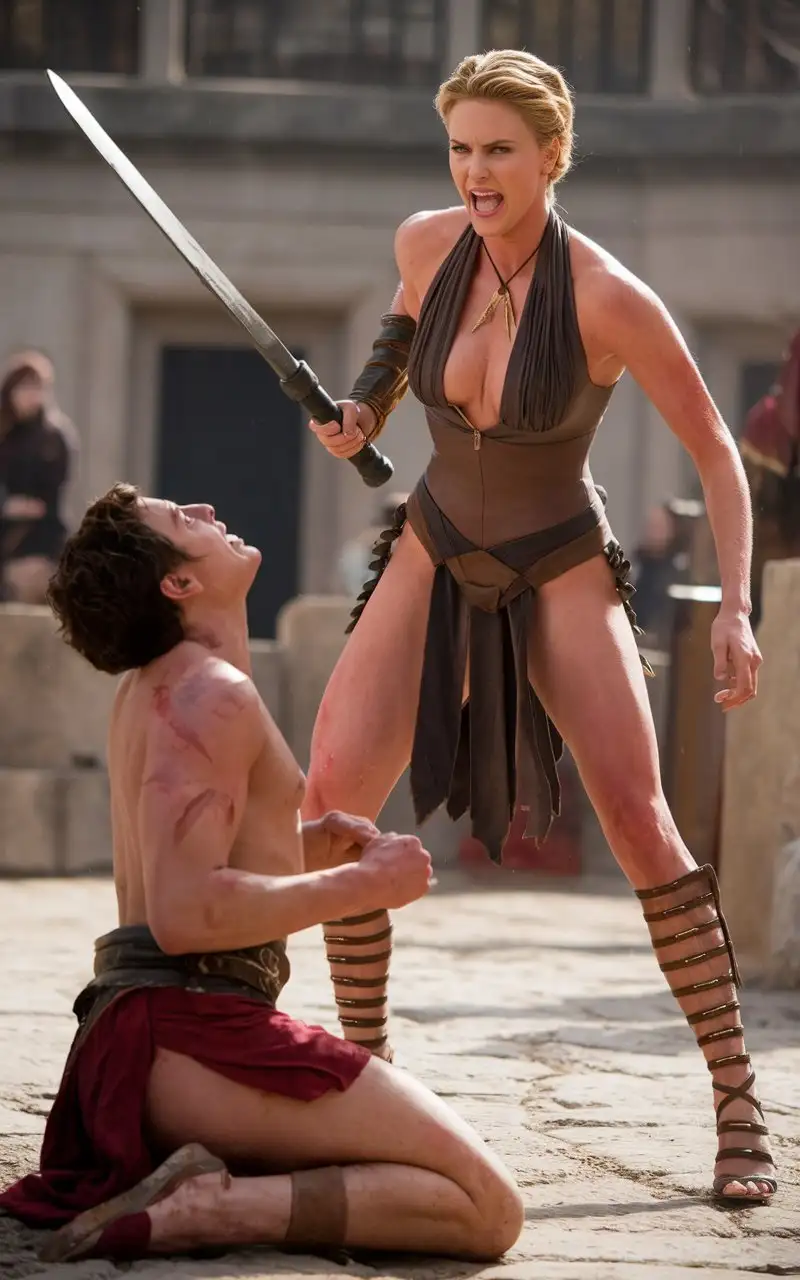 Fierce-Gladiator-Charlize-Theron-Delivering-the-Final-Blow-to-Defeated-Victim