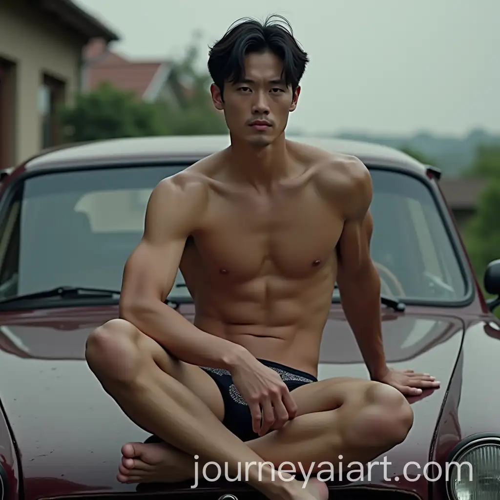 Muscular-Chinese-Man-Sitting-on-Car-Hood-in-Underwear