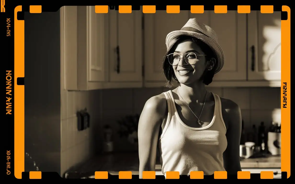 Priyanka Chopra Jonas，with glasses, in a hat, Short-haired beauty, white  tank top, film photography, Renko Kawauchi photography style, half-length portrait, kitchen, summer sunshine, high contrast, shadow, Kodak tone, --ar 3:4