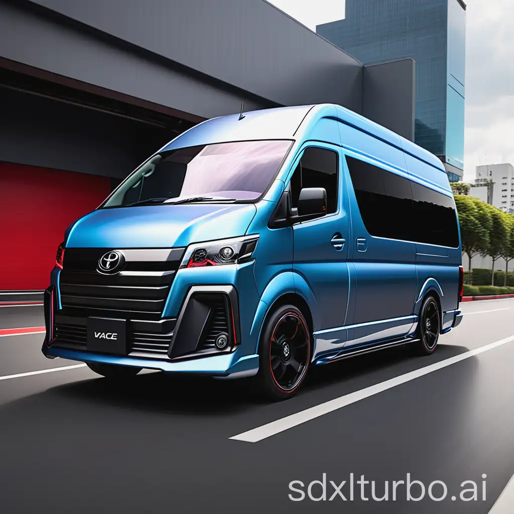 toyota hiace commuter with styling design language inspired by  the cyberpunk futuristic look and aerodynamics of ferrari sf90. and extended to be the same length as a mercedes sprinter