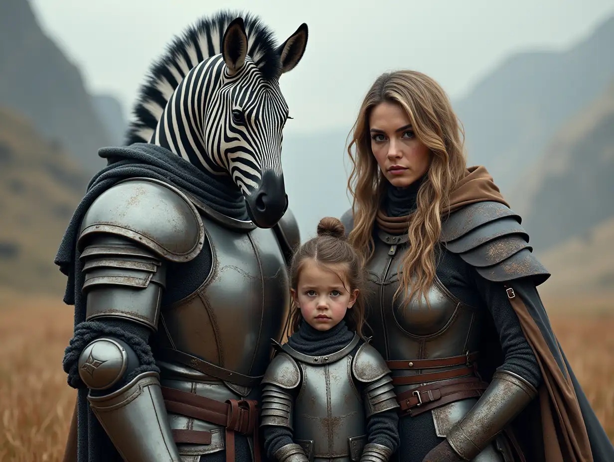 Ki-Fantasy family,Man,Woman, and Children, giant Zebra face and with glass and knight armor equipment