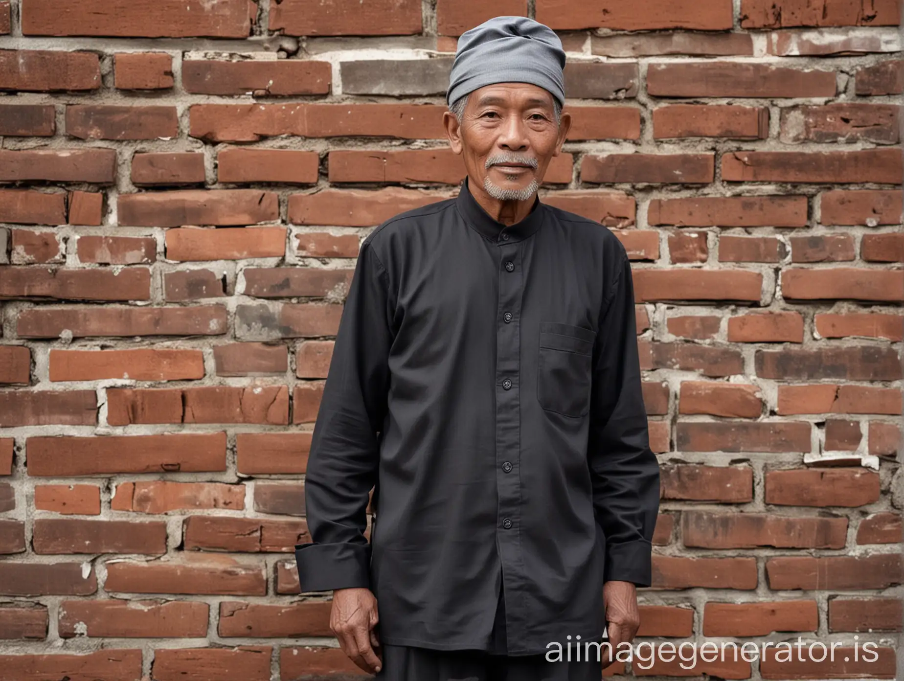 75 year old Indonesian man, dark skinned, wearing a long plain black Indonesian cloth, grey simple shirt, wearing a plain grey traditional Indonesian headband, pose facing the front, in a traditional brick house