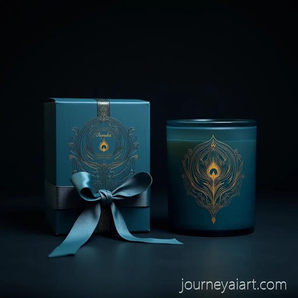Luxury-Peacock-Blue-Art-Nouveau-Candle-Packaging-with-Gold-Foil-and-Silk-Ribbon-Bow