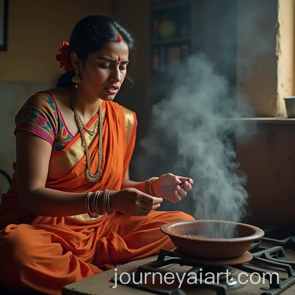 Distressed-Indian-Woman-Struggling-with-Water-Issues-in-Traditional-Kitchen