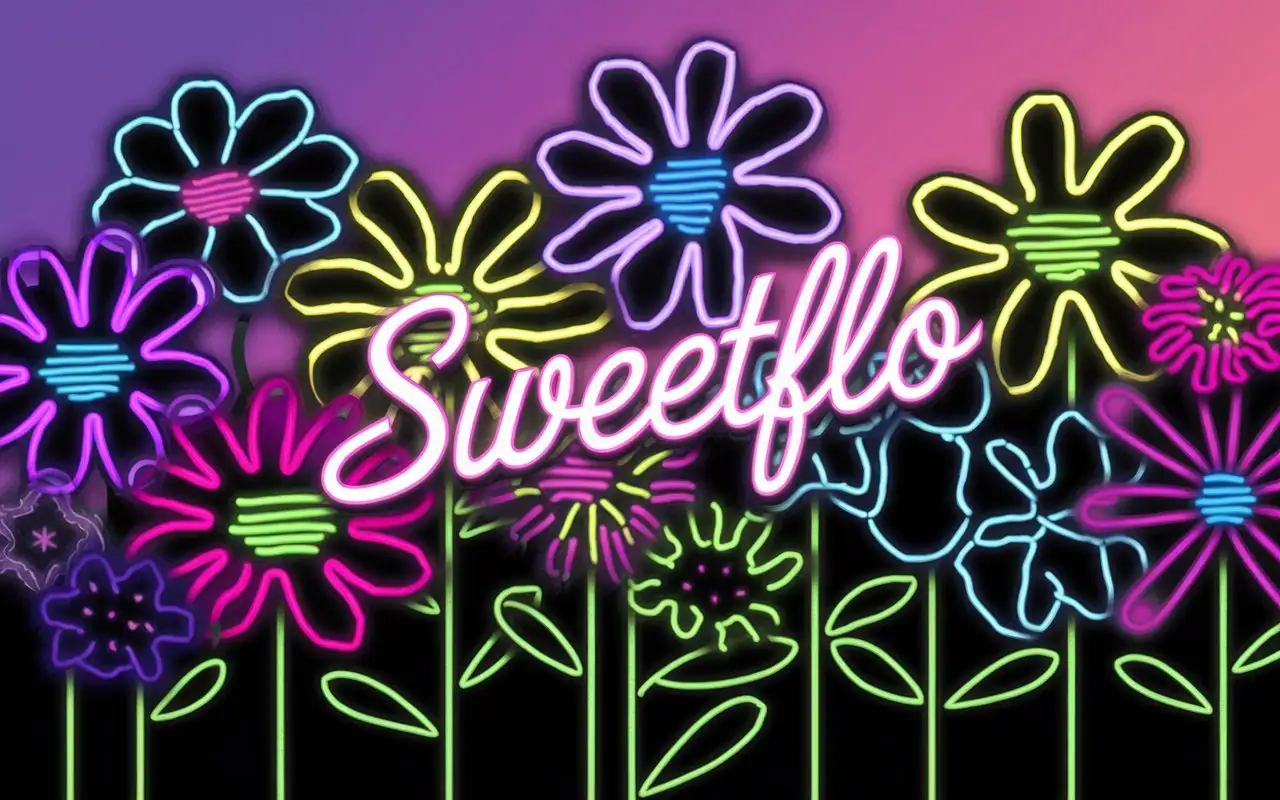 make a 3D Wallpaper size 5120x2160 with a colorfull neon flower cartoon theme and the word SWEETFLO in the middle