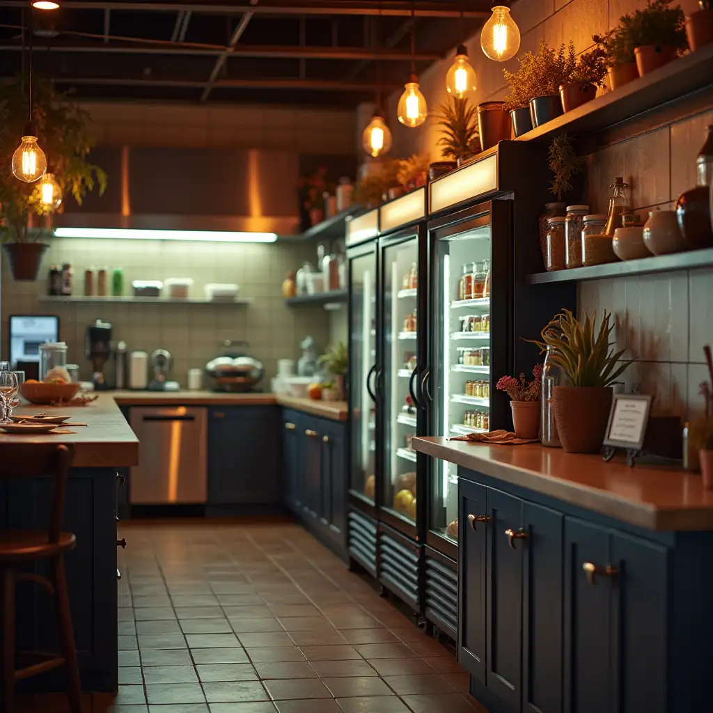 restaurants kitchen with fridge at background