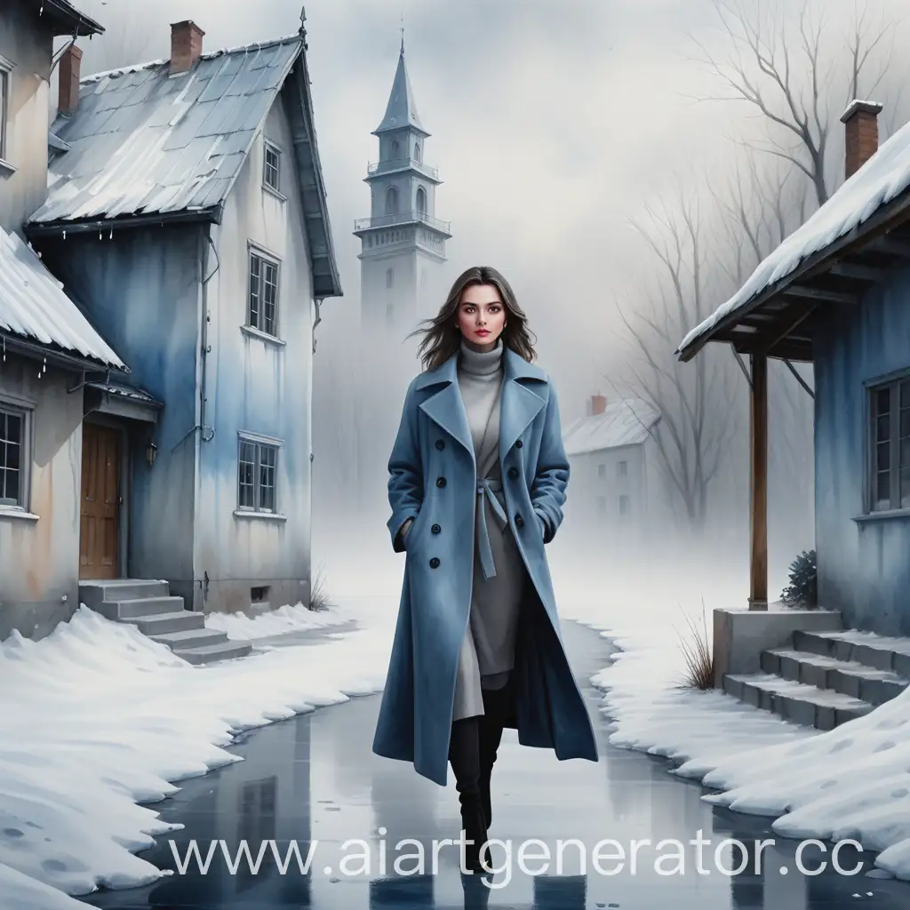 Elegant-Woman-in-GrayBlue-Coat-Walking-on-Snowy-Path-with-Foggy-Background