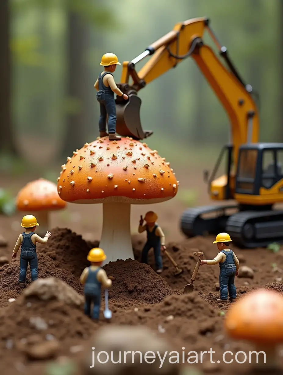 Miniature-Construction-Workers-Digging-and-Moving-Giant-Mushroom-at-a-Site