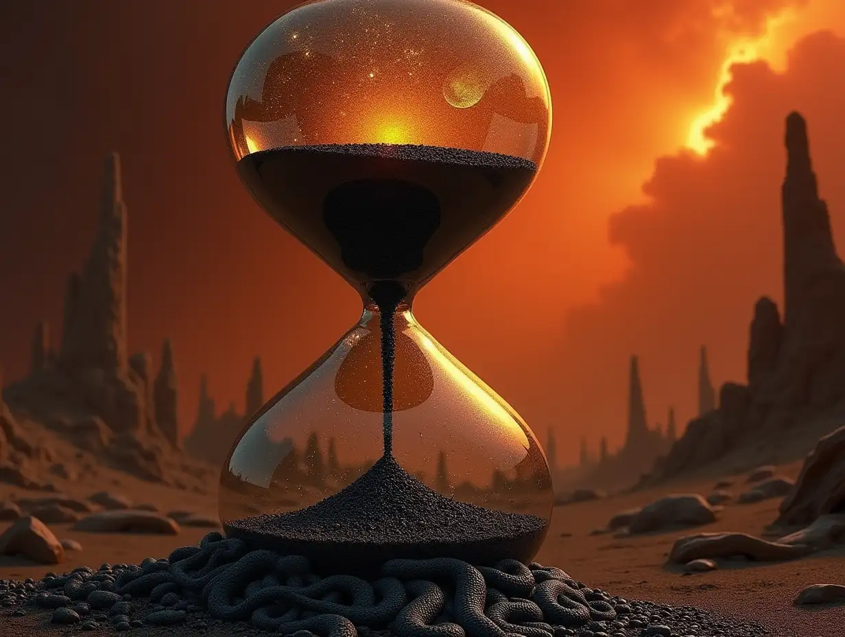 A colossal hourglass filled with black sand, its grains cascading like liquid obsidian. The lower bulb morphs into a writhing mass of serpents, their scales glinting with ancient hieroglyphs. Above, the upper chamber glows with golden light, but the sand erodes it, cracks spreading like veins. The hourglass stands in a desert of ash, skeletal trees clawing at a blood-red sky. Shadows twist into shapes of emperors and wolves, whispering forgotten laws of power.