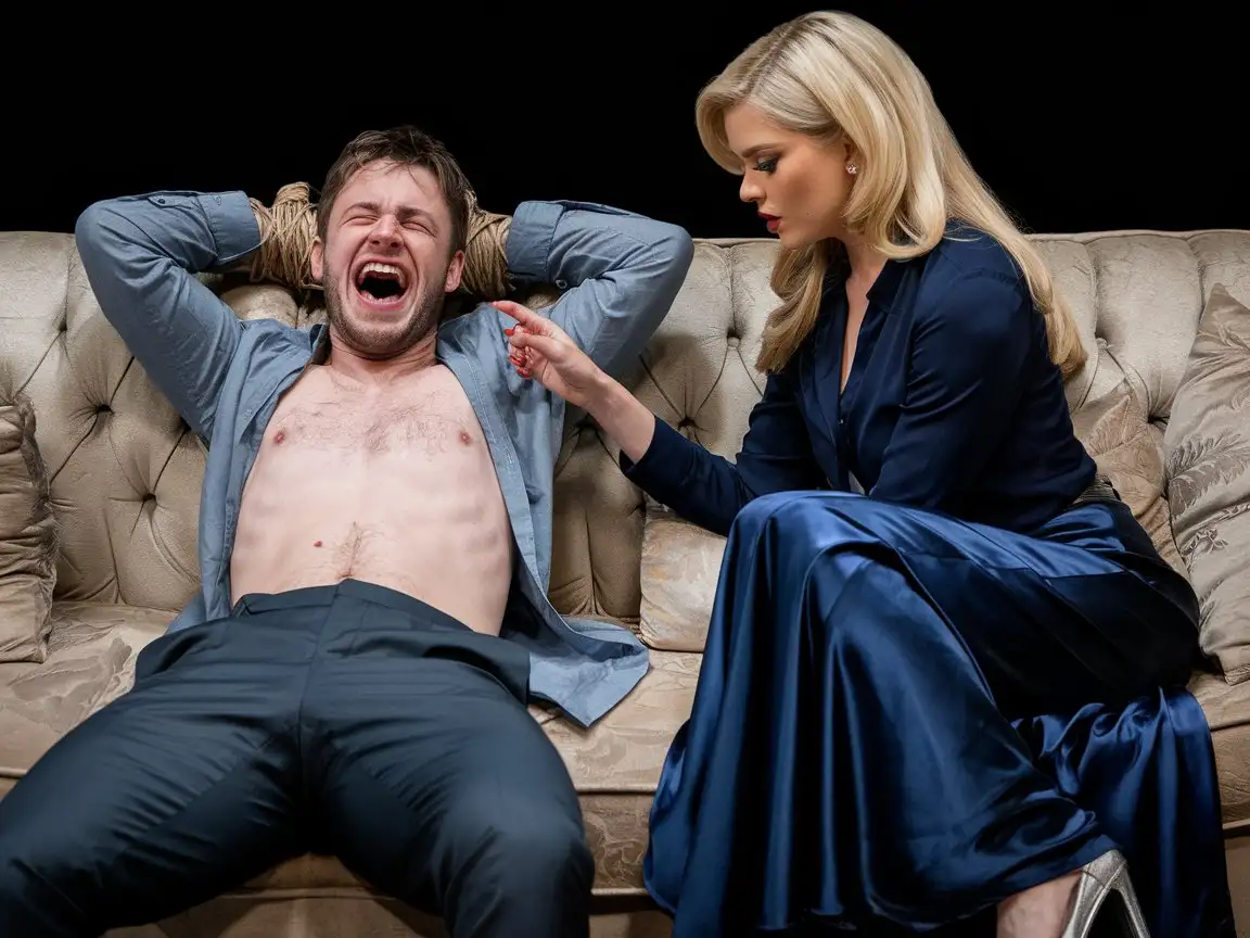 Caucasian-Man-Laughing-on-Sofa-with-Woman-in-Blue-Outfit-Touching-His-Chest