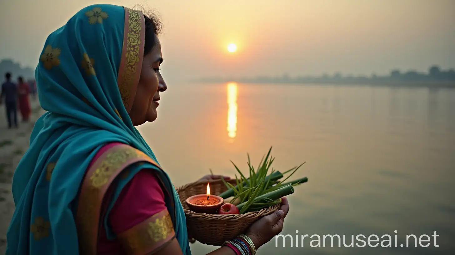 Indian Women in Sky Blue Saree Offering Prayers to the Evening Sun