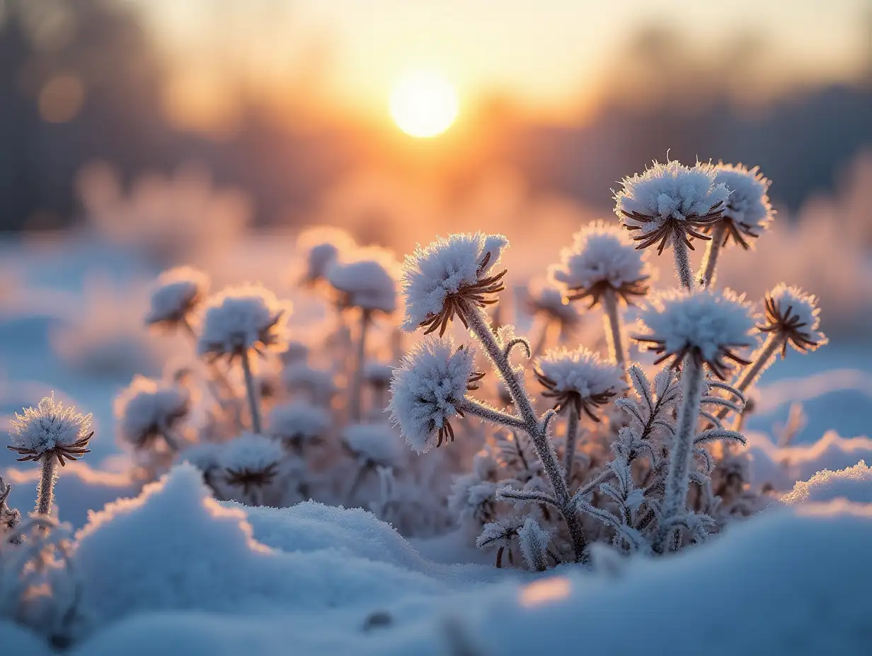 Wildflowers covered with snow, frost and ice. Winter landscape in the setting sun