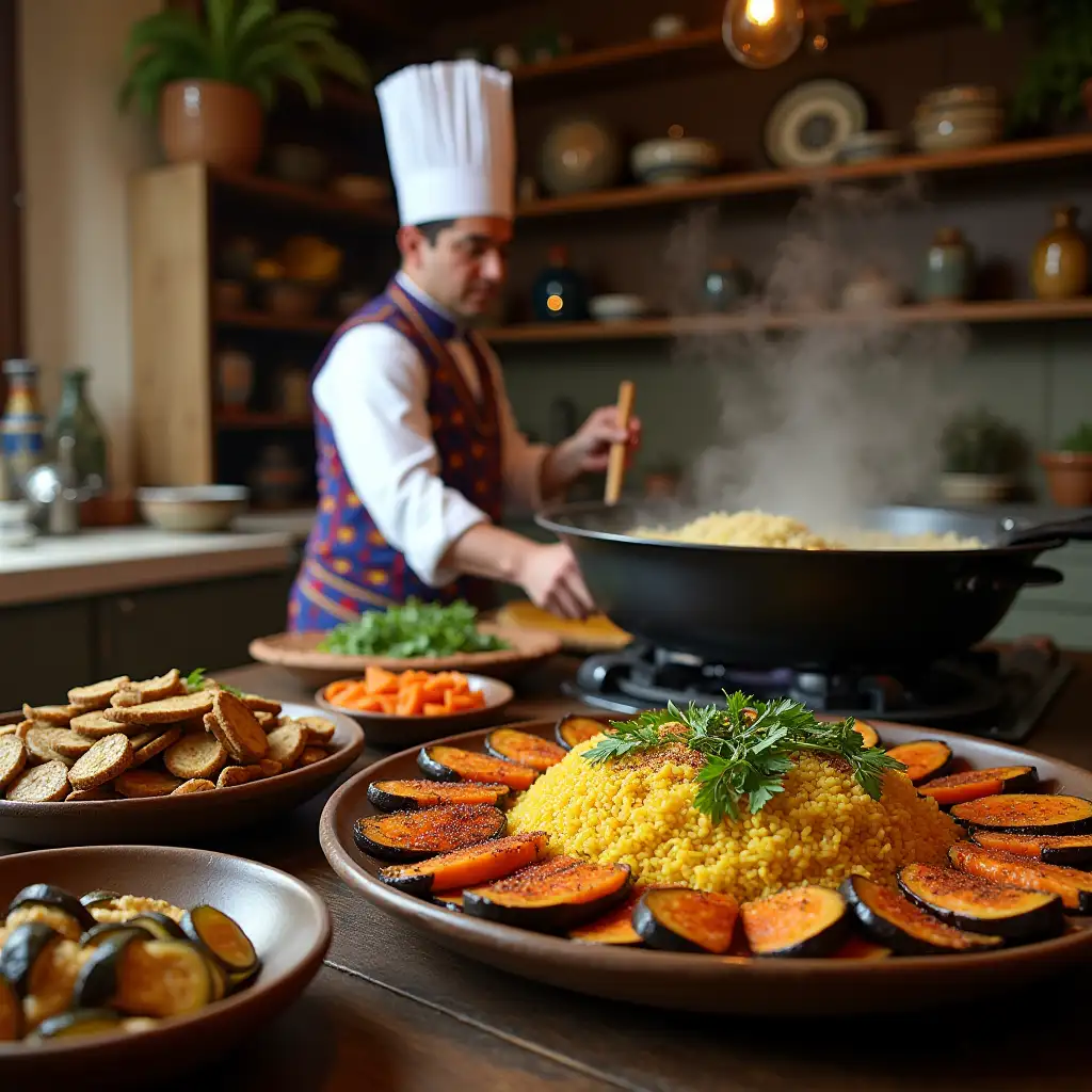 A chef in traditional Uzbek clothing is preparing national dishes. In the foreground are air-fried eggplants, sliced into thin slices, prepared in an exquisite style with greens and spices. Next to it is the process of preparing Tashkent plov: a large cauldron-pan, boiling rice, golden carrots, meat and spices, surrounded by fragrant steam. The background is a cozy kitchen with Eastern decor, Uzbek ornaments and details emphasizing the atmosphere of national cuisine.