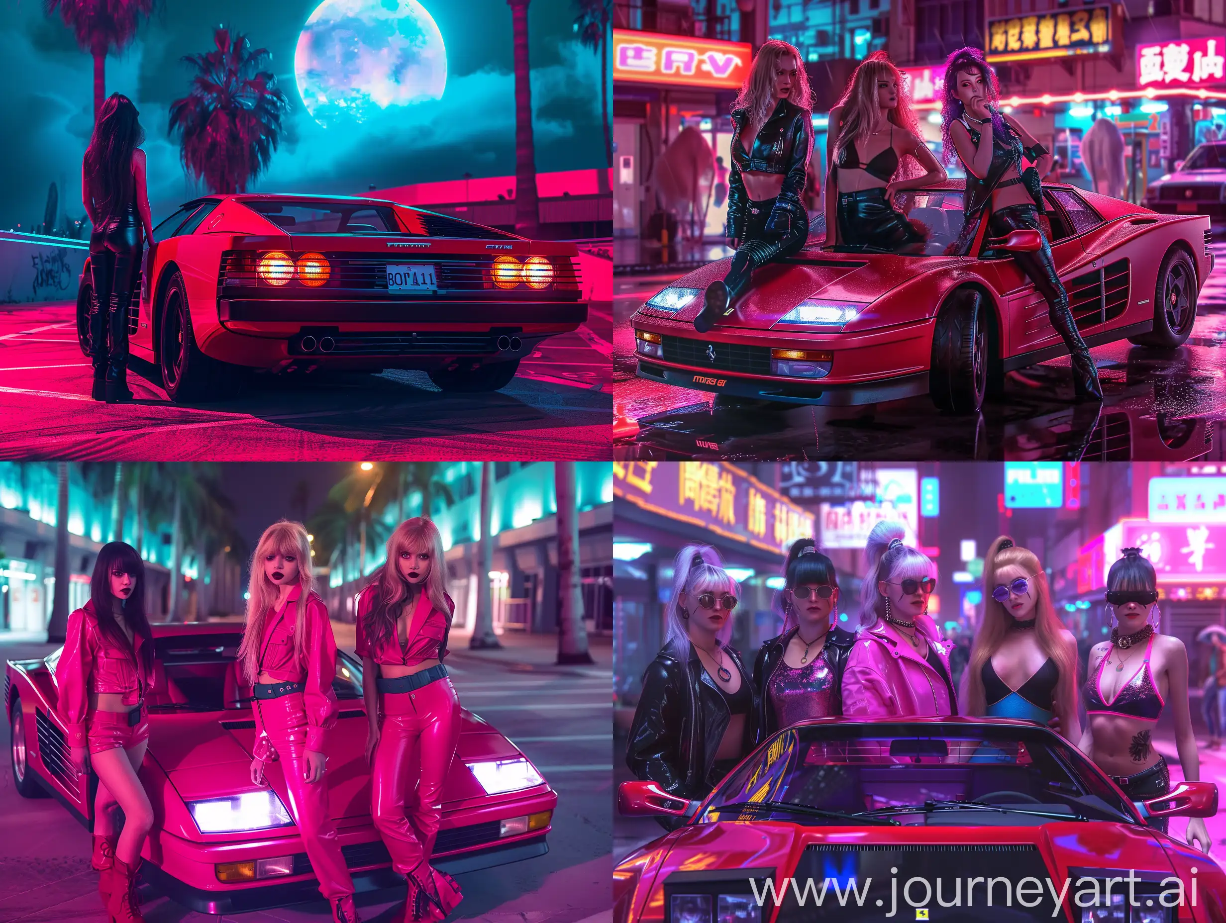 Synthwave-Girls-Rock-Band-with-Red-Ferrari-Testarossa