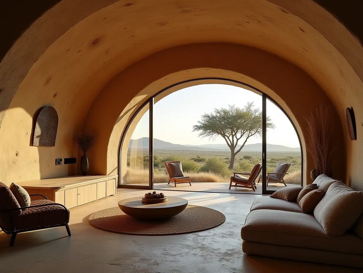 Crooked house big, with curved furniture, curved large living room of natural stone terraces, view on the distant savannas