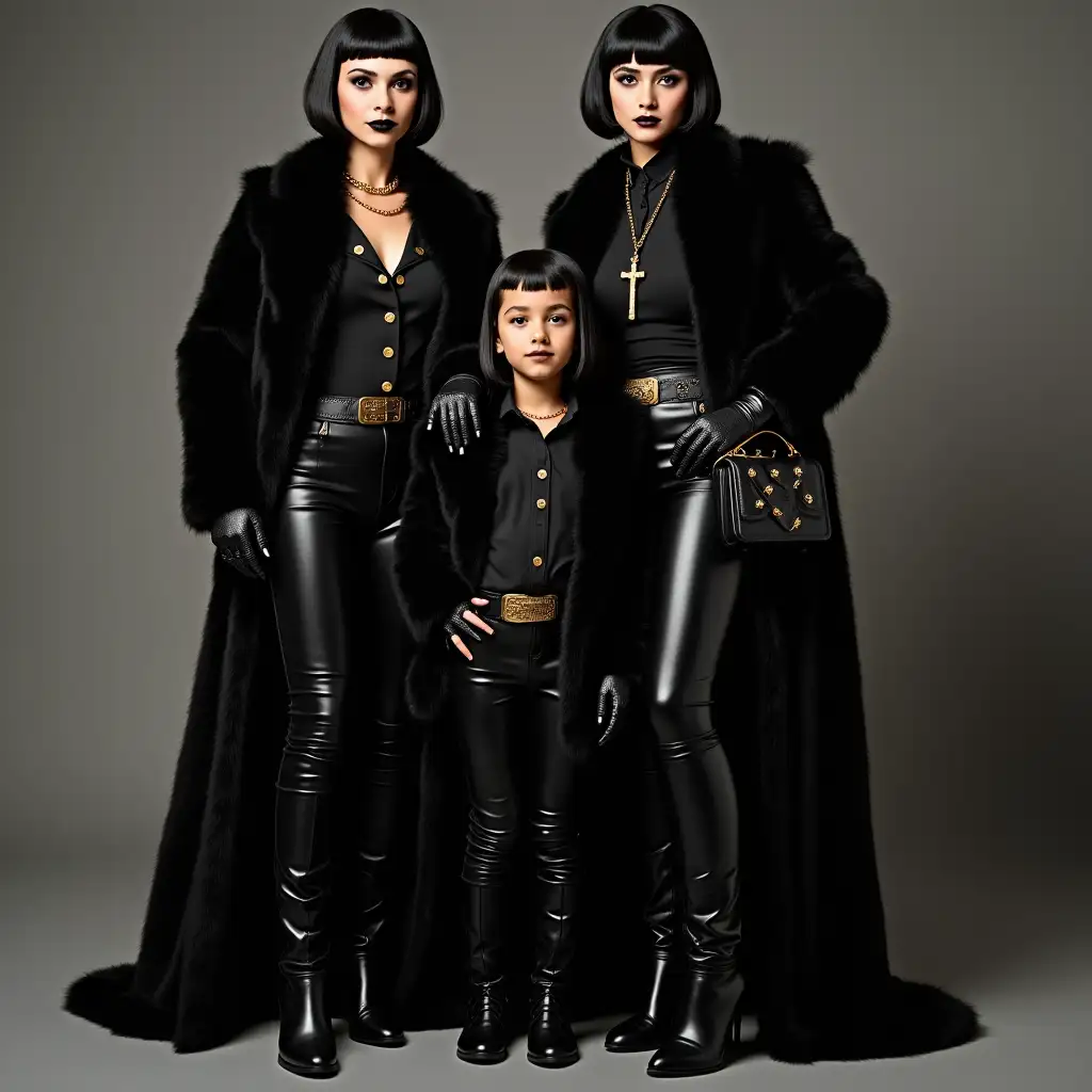 Lesbian-Family-Stylishly-Dressed-in-Black-Fur-and-Gold-Accents