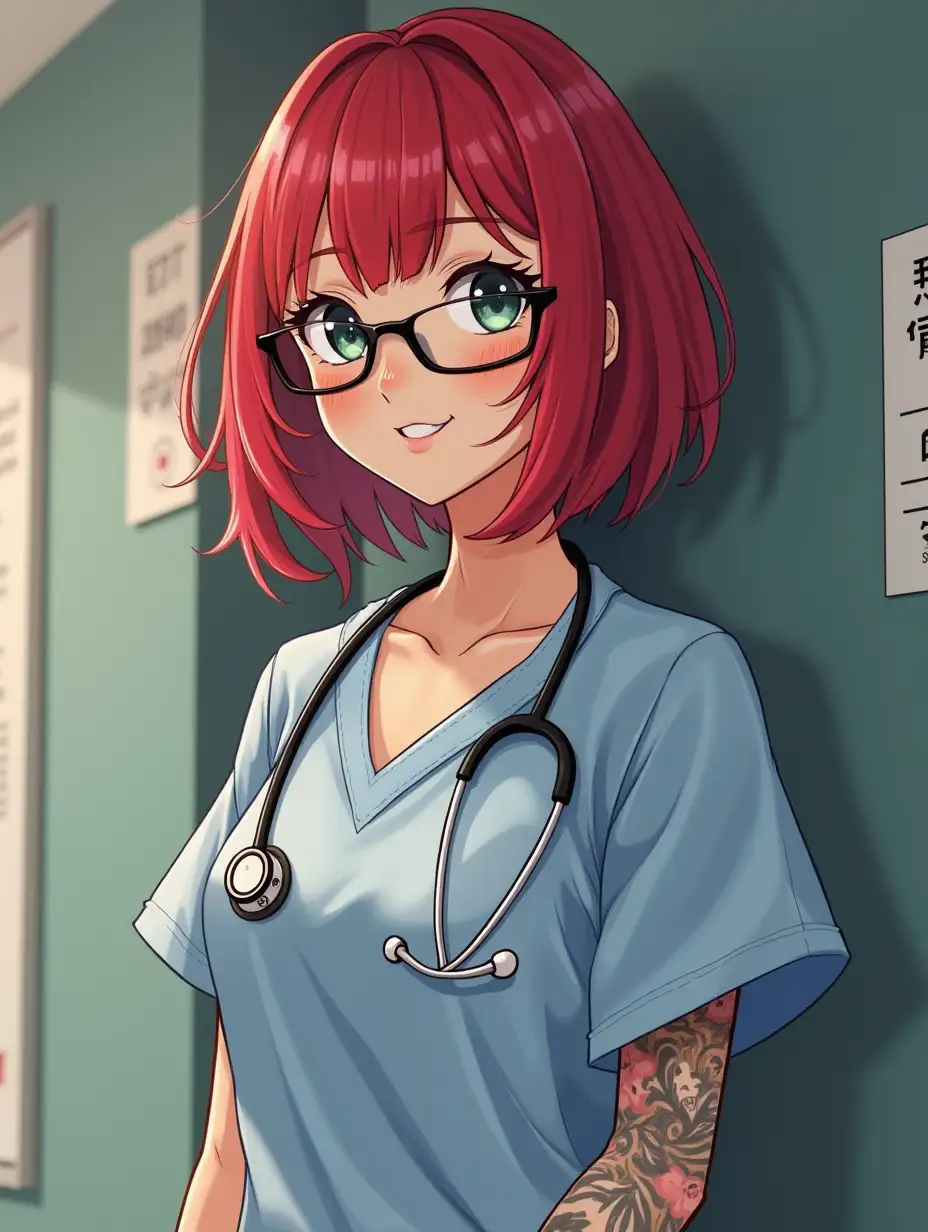 Nurse, tattoo, red hair, nose piercing, mom of two kids, glasses, anime and k-pop