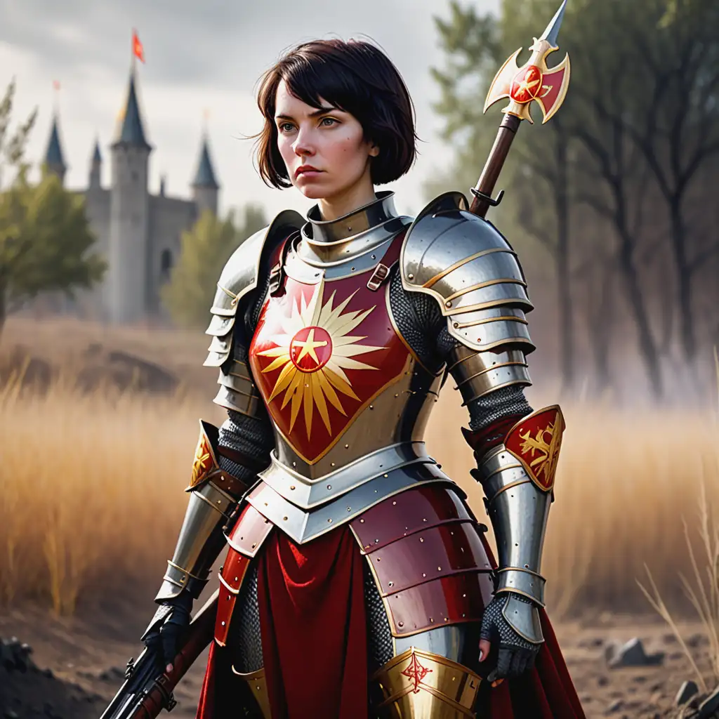 Medieval-Woman-in-Red-and-Gold-Plate-Armor-with-Fantasy-Rifle-on-Battlefield