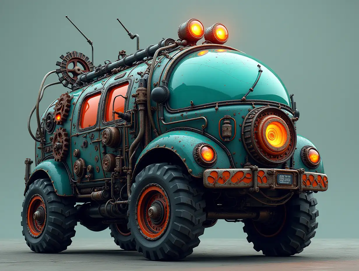 Create a freaky vehicle with many gears large windows ufo shiny cyberpunk.