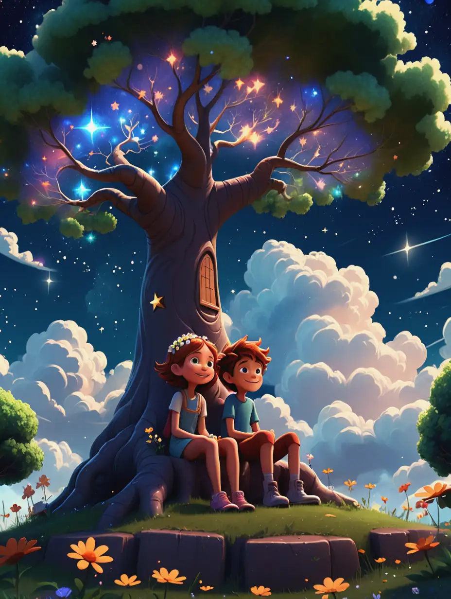 Children Enjoying Imagination Under a Magical Tree