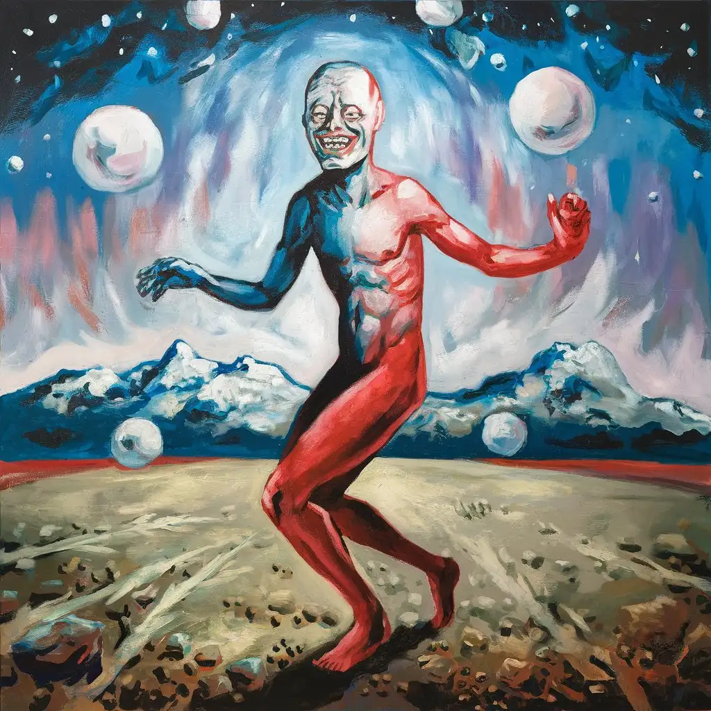 A painting of  A no face man with a red body dancing in the plain, an album cover by Ayami Kojima, pixiv contest winner, metaphysical painting, detailed painting, cosmic horror, official art