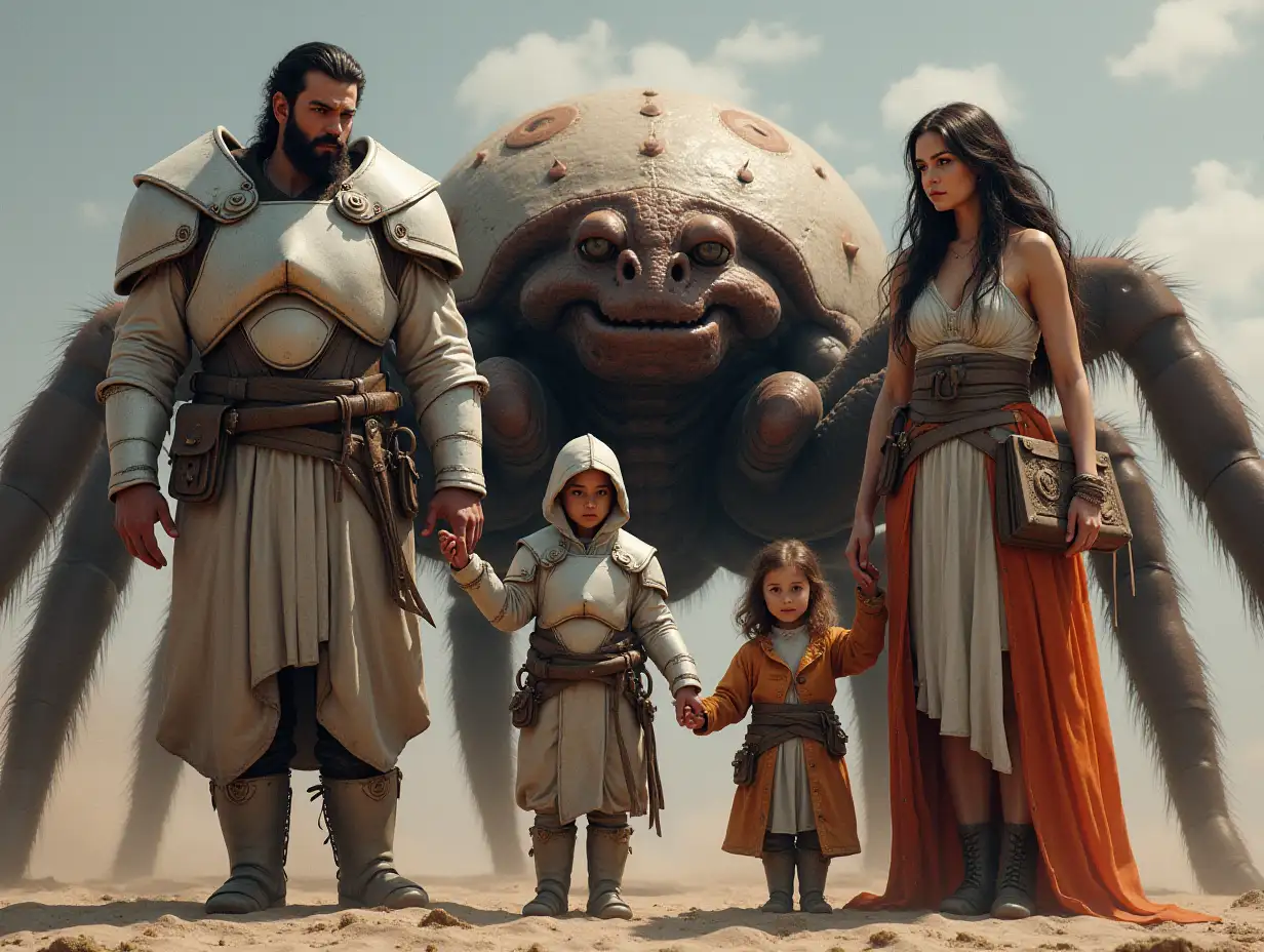 Ki-Fantasy family,Man,Woman, and Children, giant tarantula face and with white armor equipment