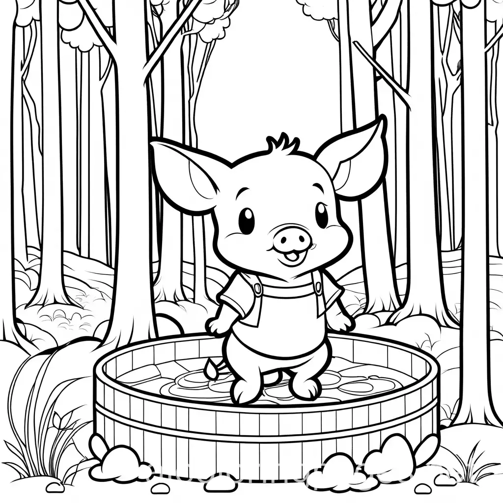 Chibi-Style-Piglet-in-Woods-with-Cabin-and-Farm-Coloring-Page