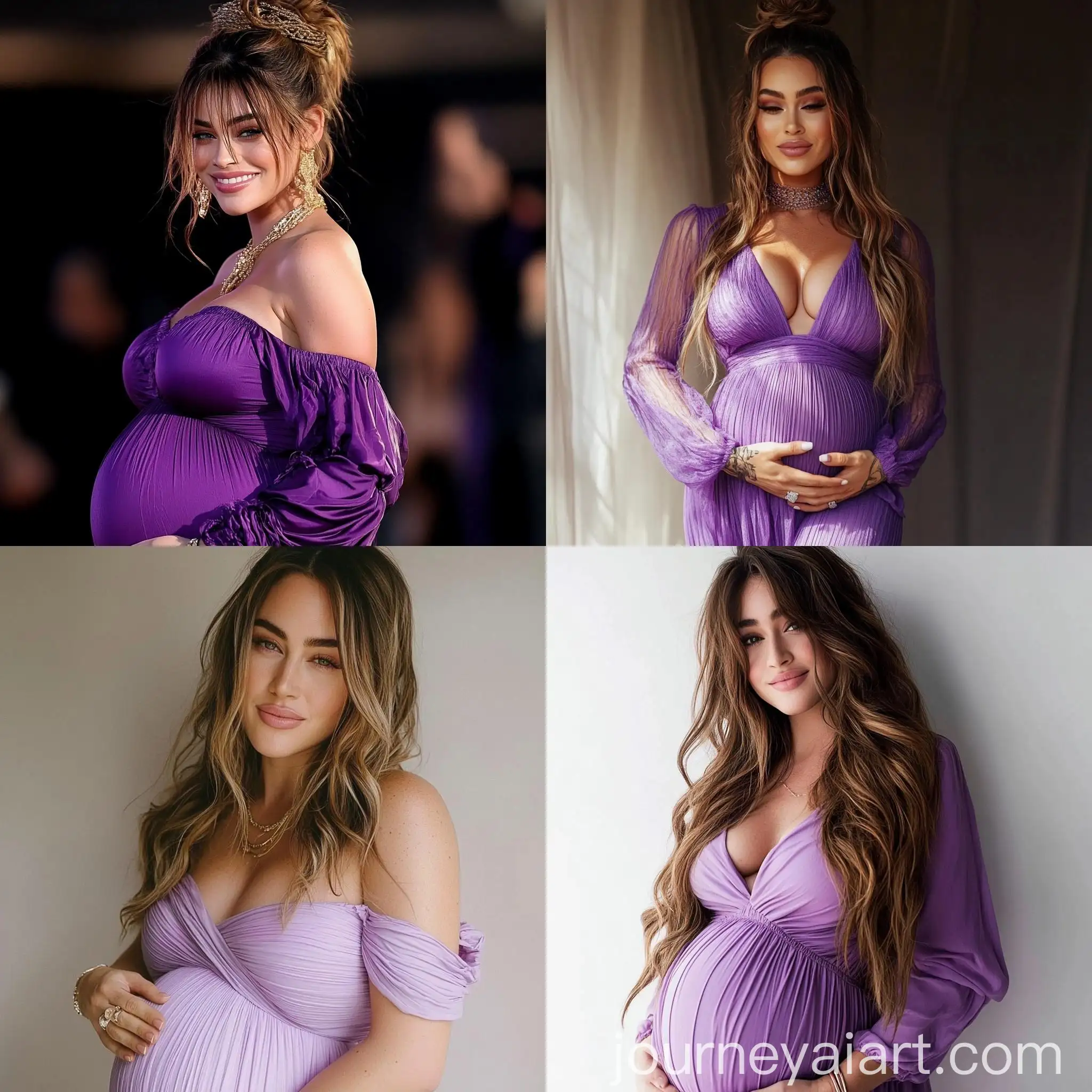 Miley-Cyrus-Pregnant-in-Purple-Dress-with-Long-Brown-Hair