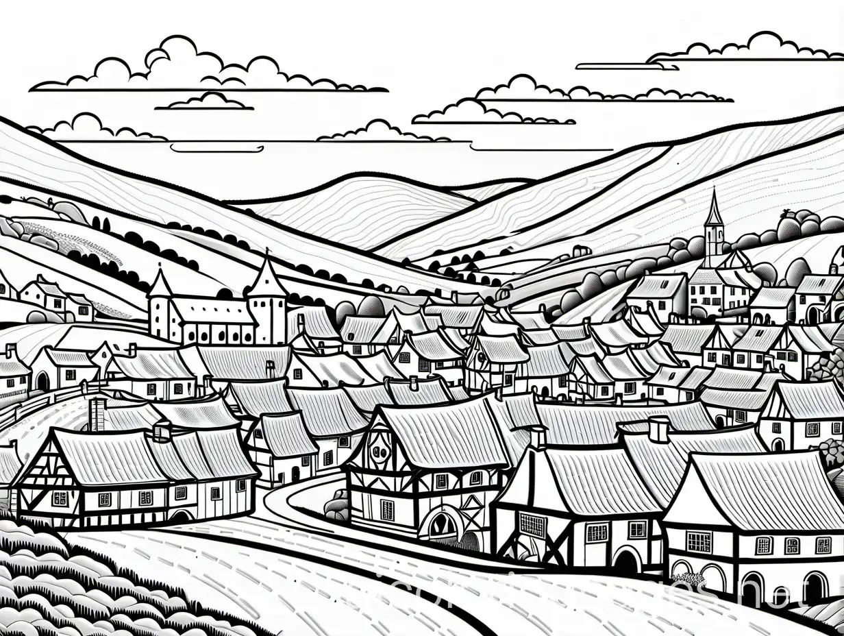 English-Medieval-Village-Coloring-Page-with-Rolling-Hills