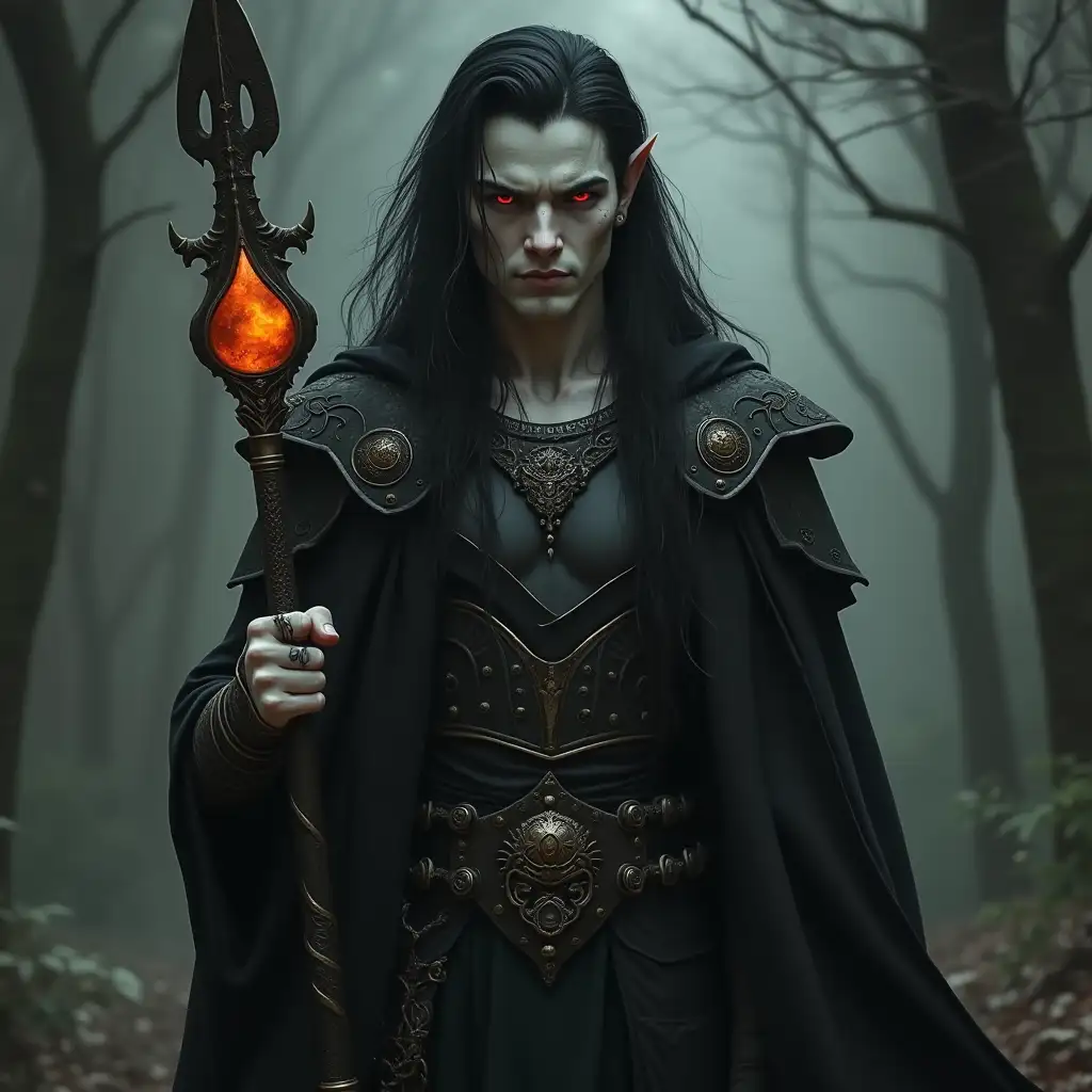 Handsome Male Elf Lord of Death in Black Underworld Armor with Glowing Spear Staff