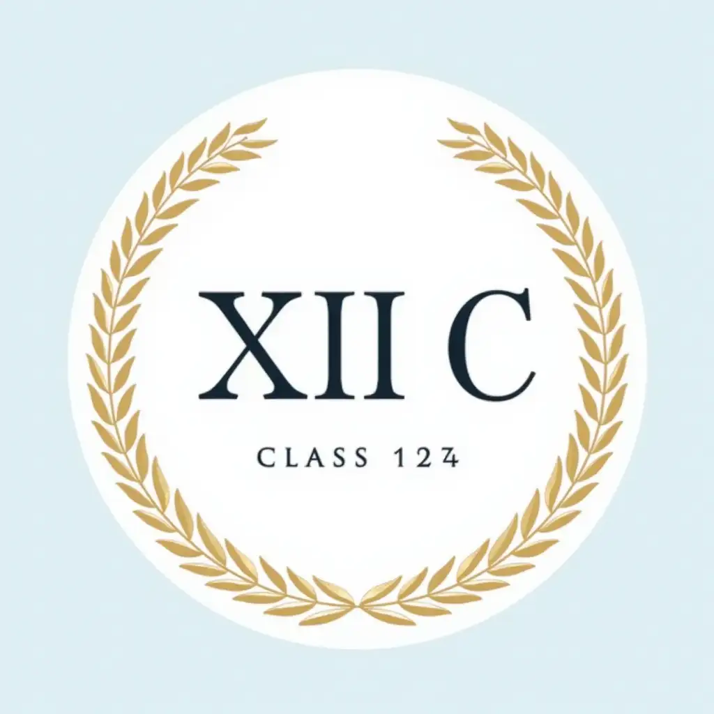 A circular logo design for class '12 C' using Roman numerals. The logo features 'XII C' prominently in the center in an elegant serif font. Surrounding the text is a circular border with decorative laurel leaves, symbolizing achievement and unity. The background has a subtle gradient from light blue to white, with gold and navy blue accents for the text and border. The overall design is refined, minimalistic, and conveys a sense of tradition and excellence, making it ideal for a class emblem.