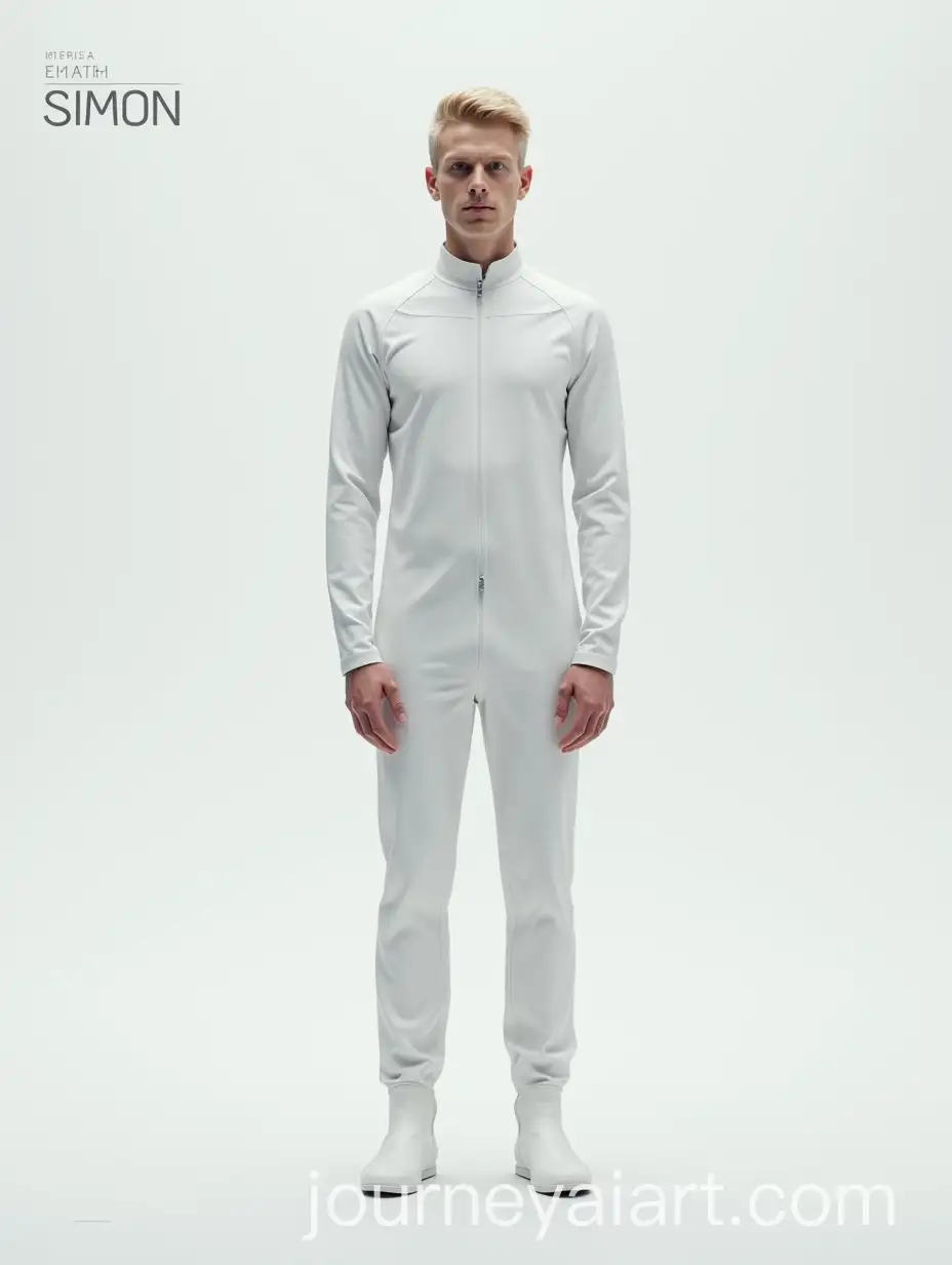 Minimalist-SciFi-Promotional-Image-Featuring-Man-in-White-Uniform-with-Product-Name-SIMON
