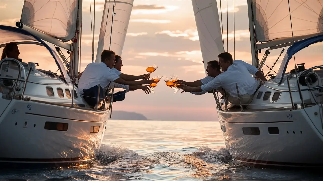 Sailing Boats Toasting Crews on Calm Golden Sea